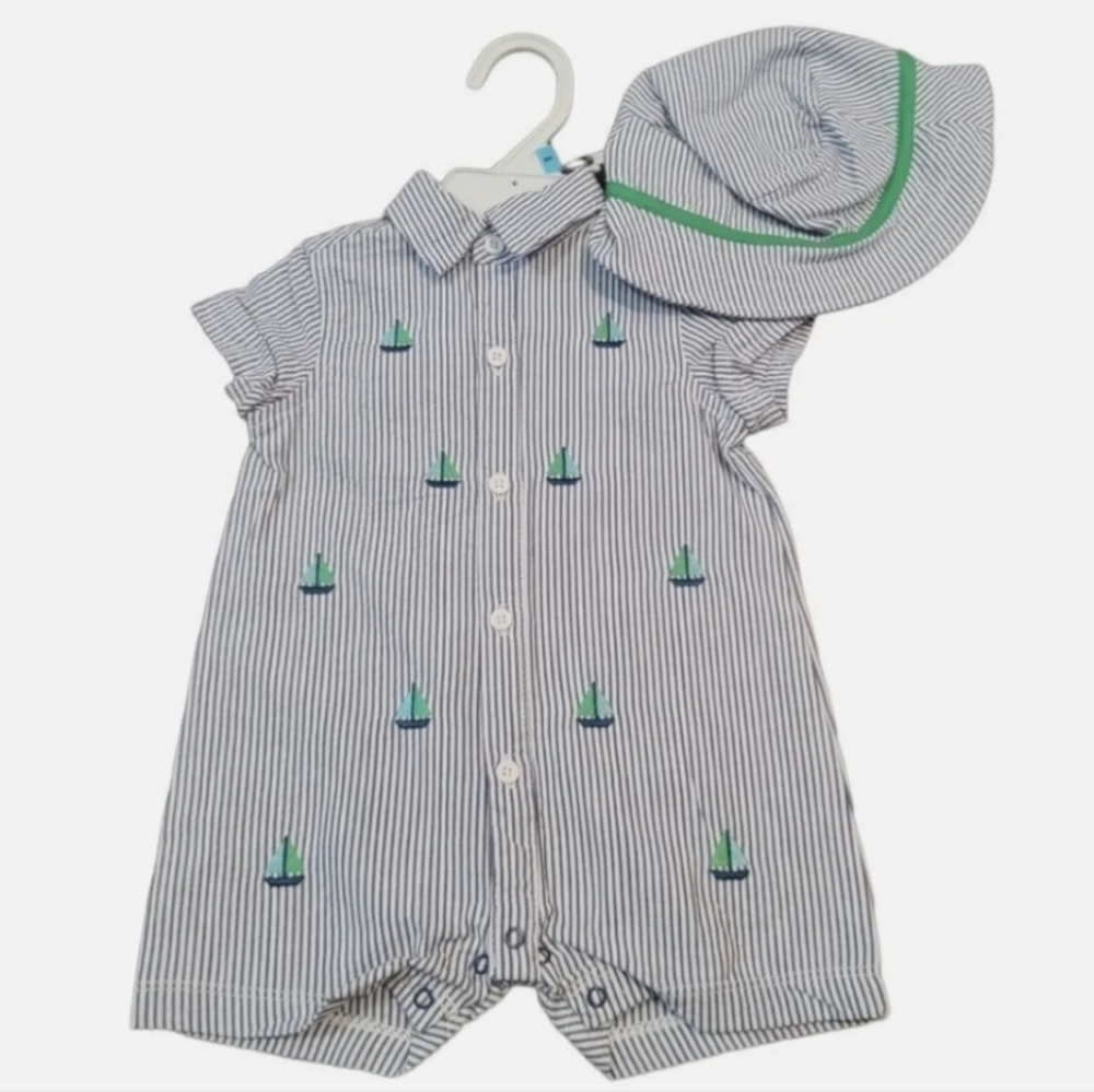 EUC Little Me Striped Nautical Sailboat Bodysuit Onesie and Matching Hat